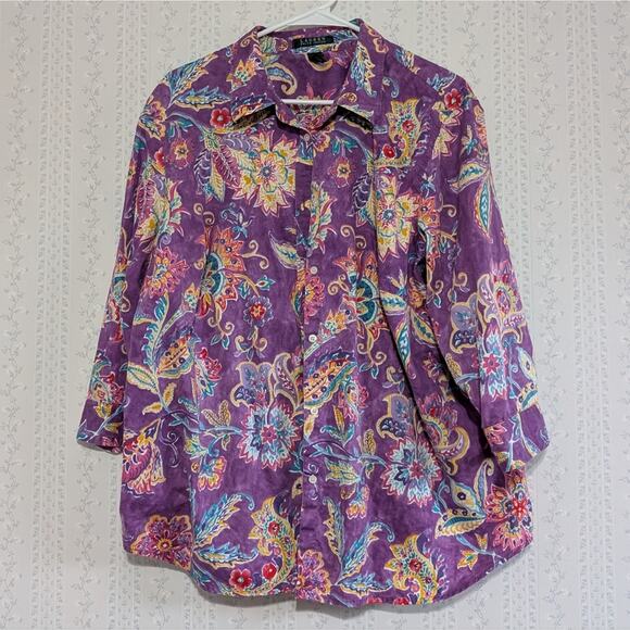 Ralph Lauren Shirt Women's Size 3X Purple Yellow Whimsical Cotton Button Down - Picture 1 of 6